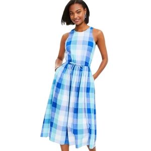 LOFT Blue Plaid Sleeveless Seersucker Dress Size Small Petite